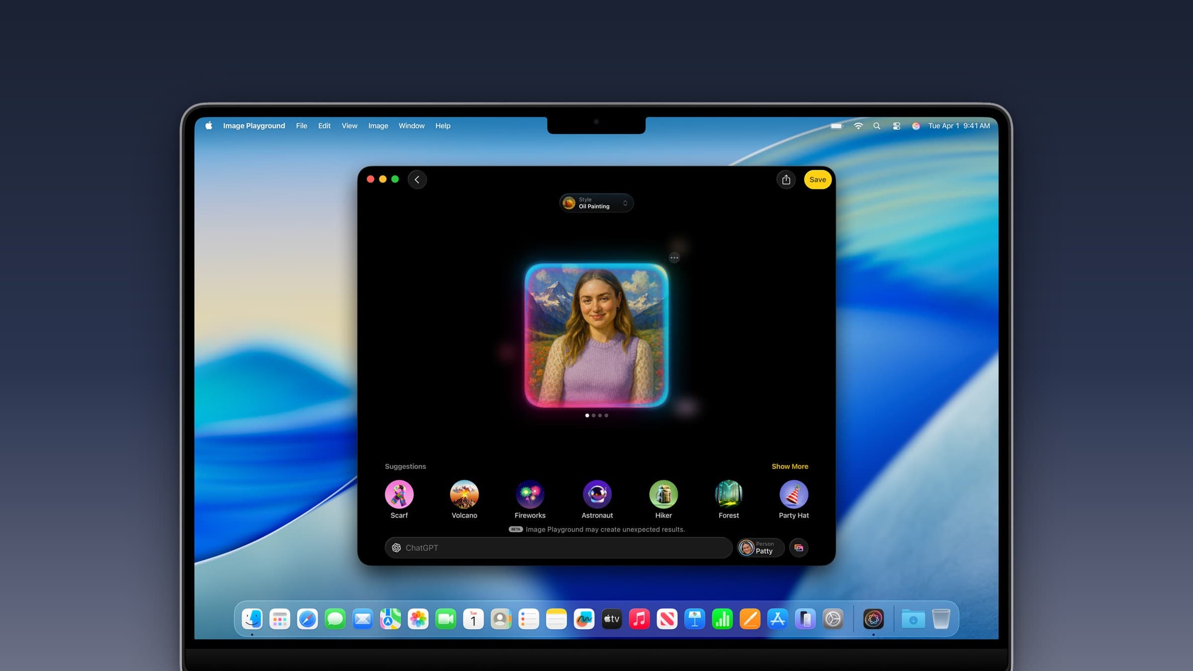 MacBook showing Apple's Image Playground app generating an oil-painting style portrait, on a dark blue gradient background