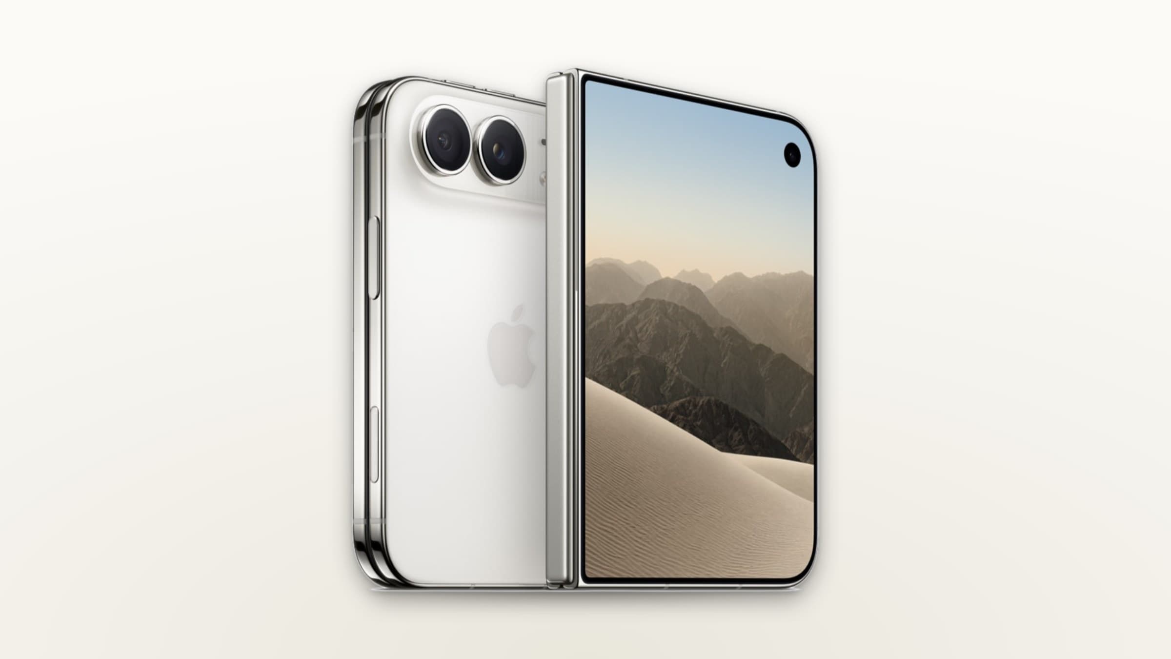 Silver iPhone Duo shown from the back and unfolded from the front on a light gradient background