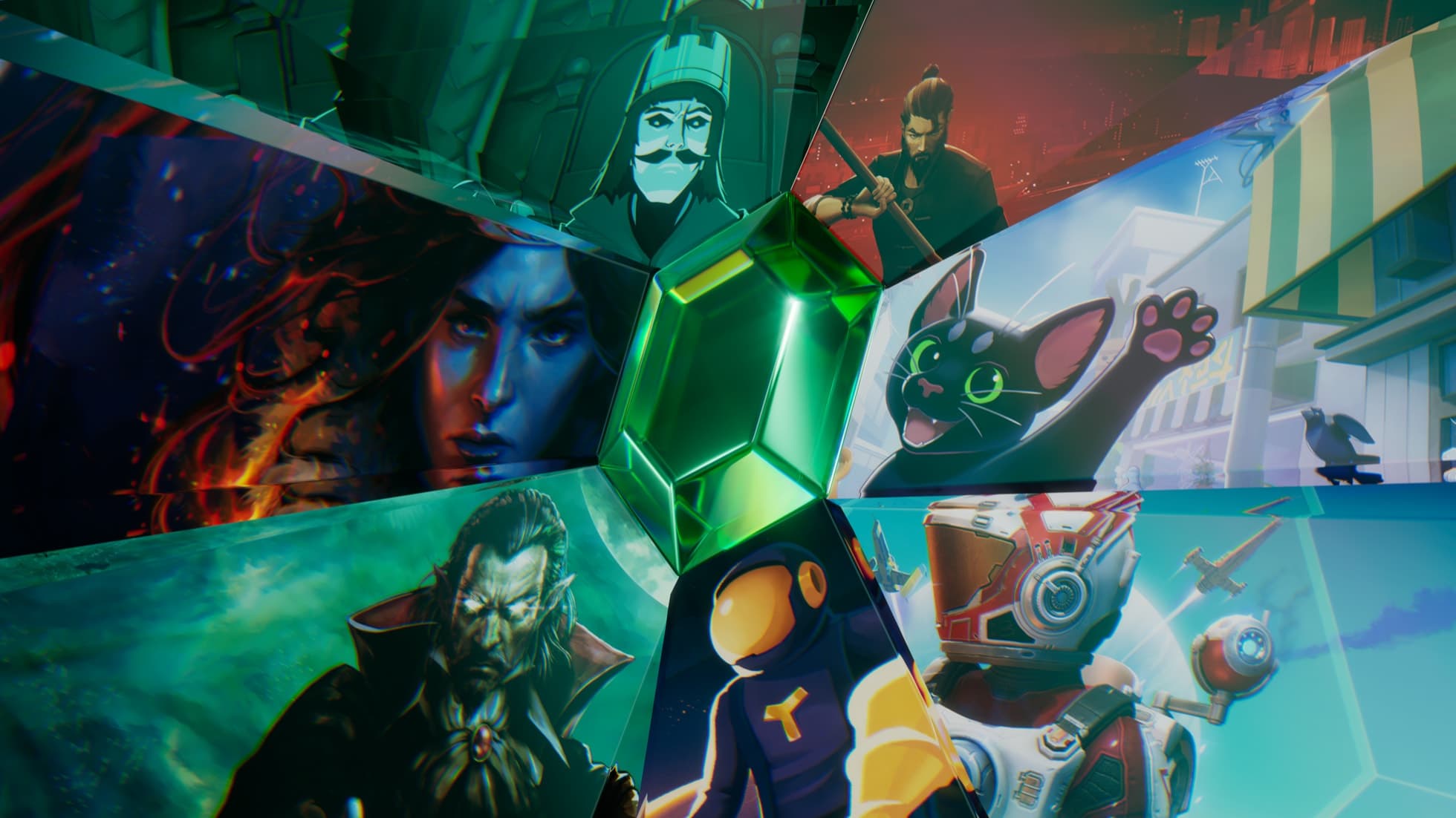 App Store Indie Games Week key art showing characters from featured games including No Man’s Sky, Sifu and Little Kitty, Big City around a green gem