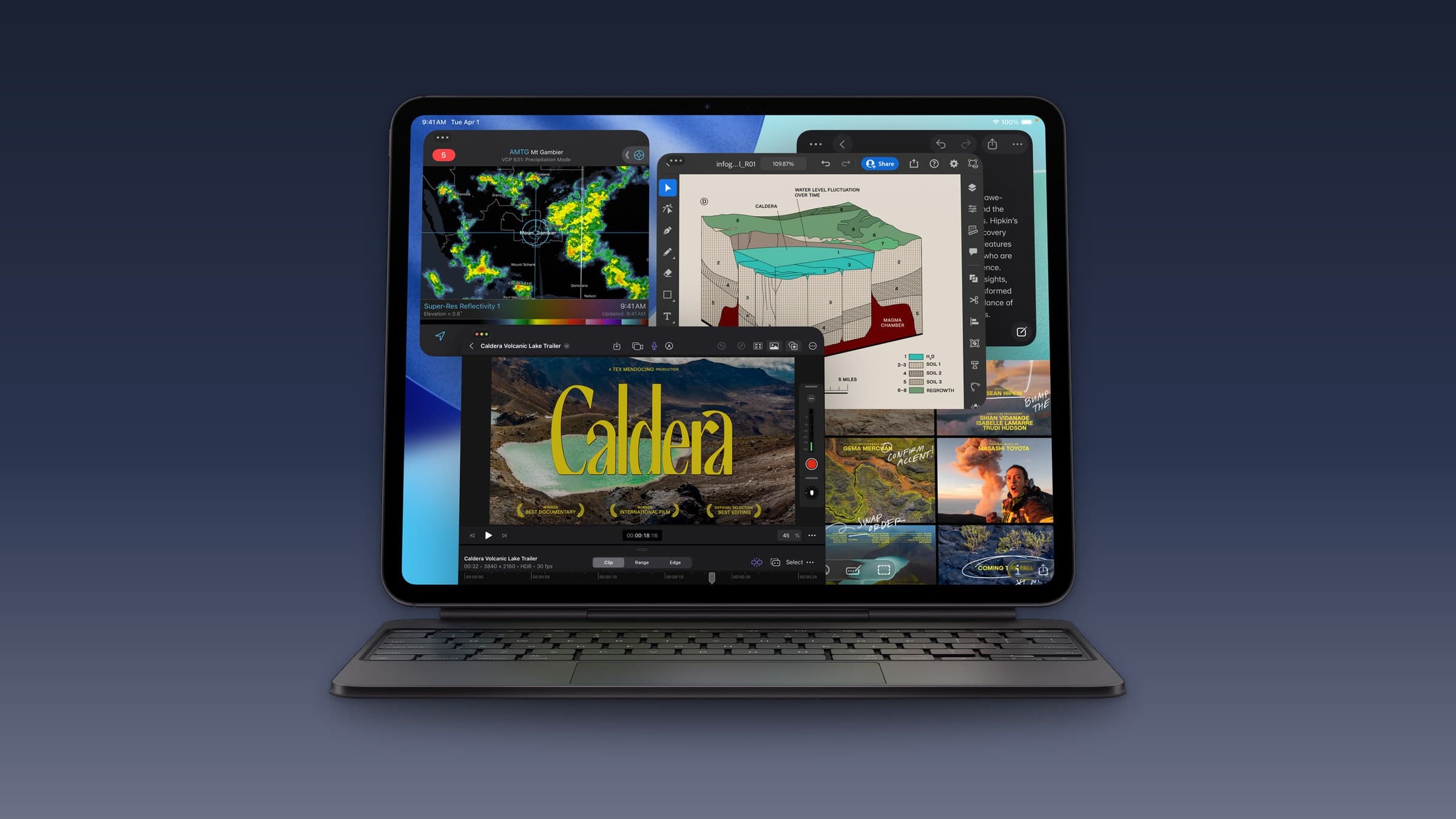 iPad Pro with OLED display attached to a Magic Keyboard on a dark blue gradient background