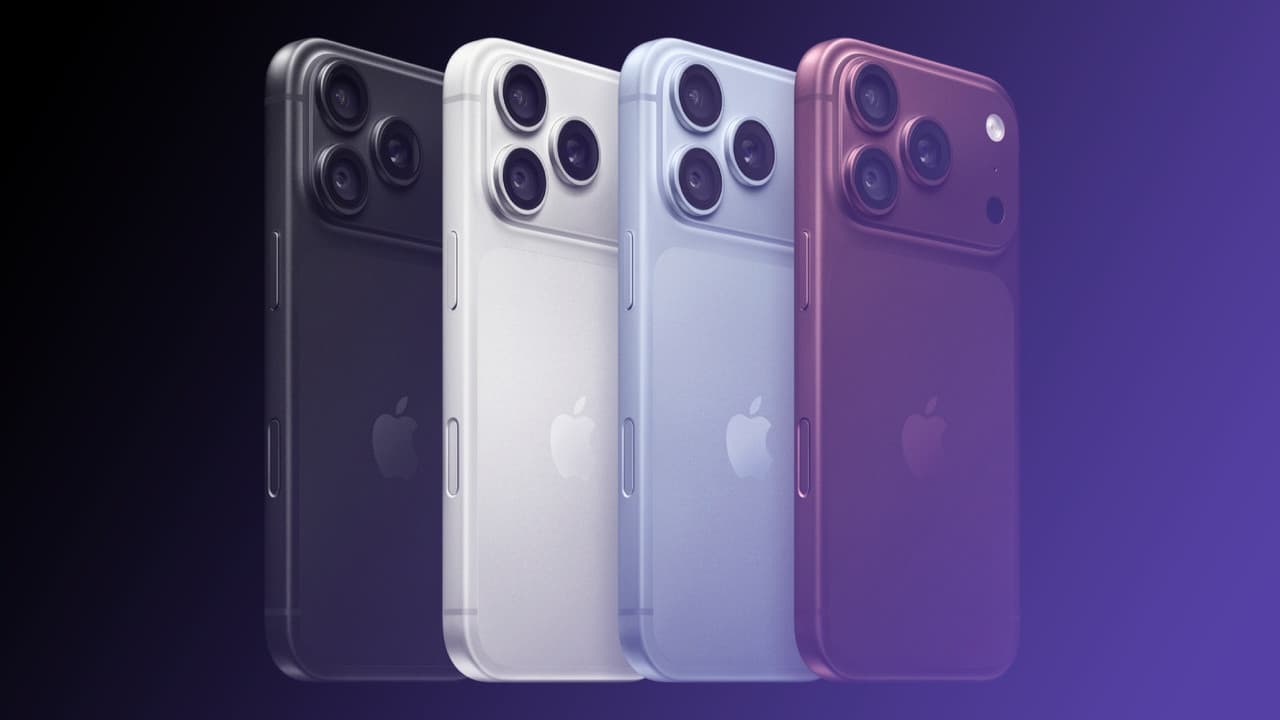 iPhone 18 Pro models on a restrained blue and purple gradient background