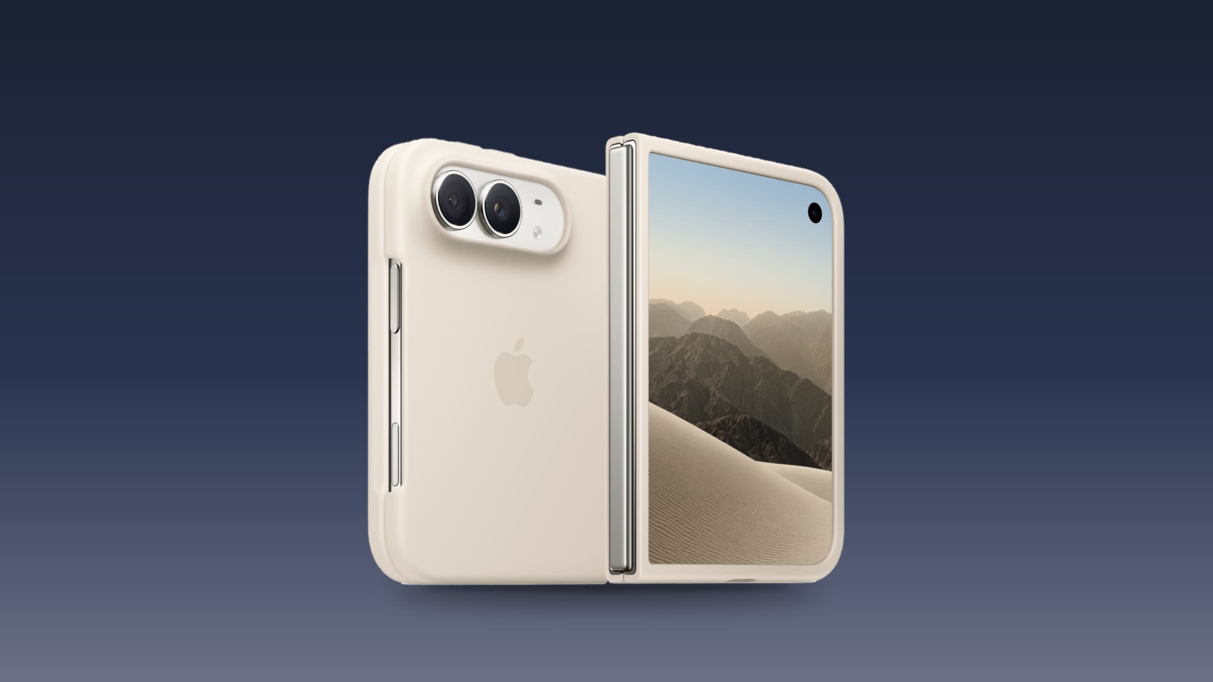 iPhone Duo in a light finish, shown from the back and open from the front, on a dark blue gradient