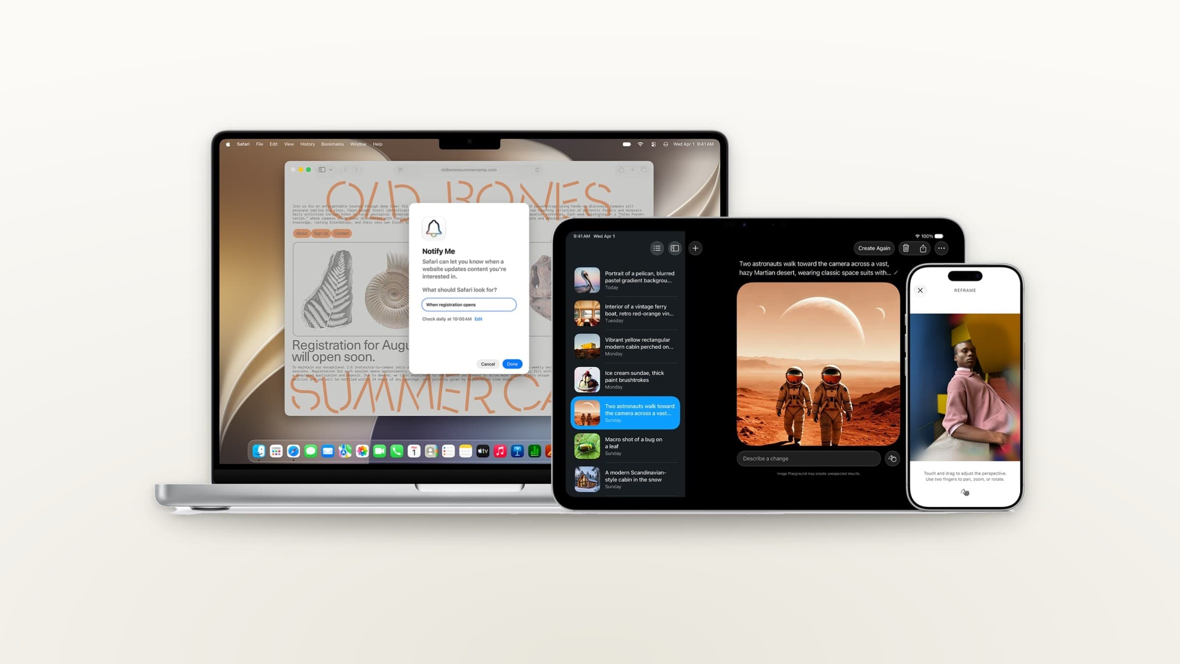 MacBook Pro, iPad and iPhone showing Apple Intelligence features on a light gradient background