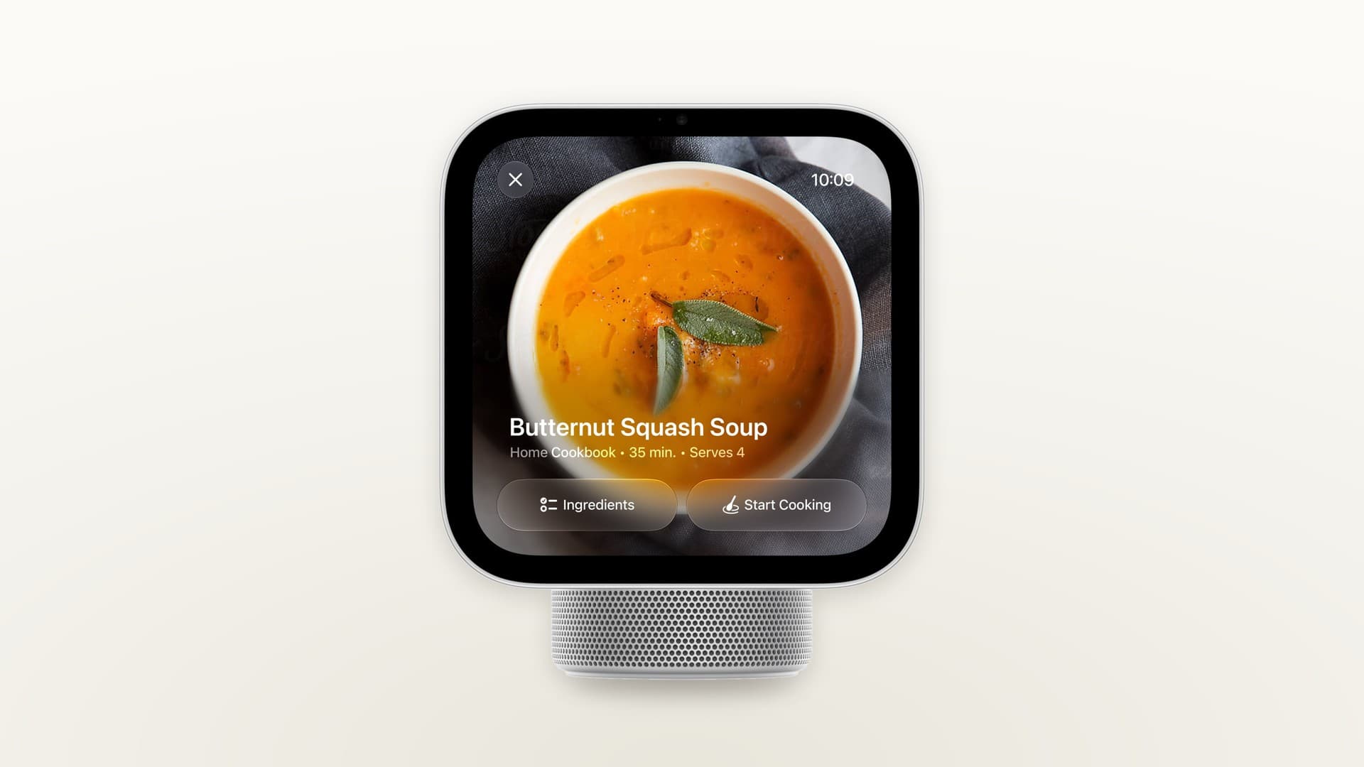 Apple HomeView smart display showing a butternut squash soup recipe with Ingredients and Start Cooking buttons