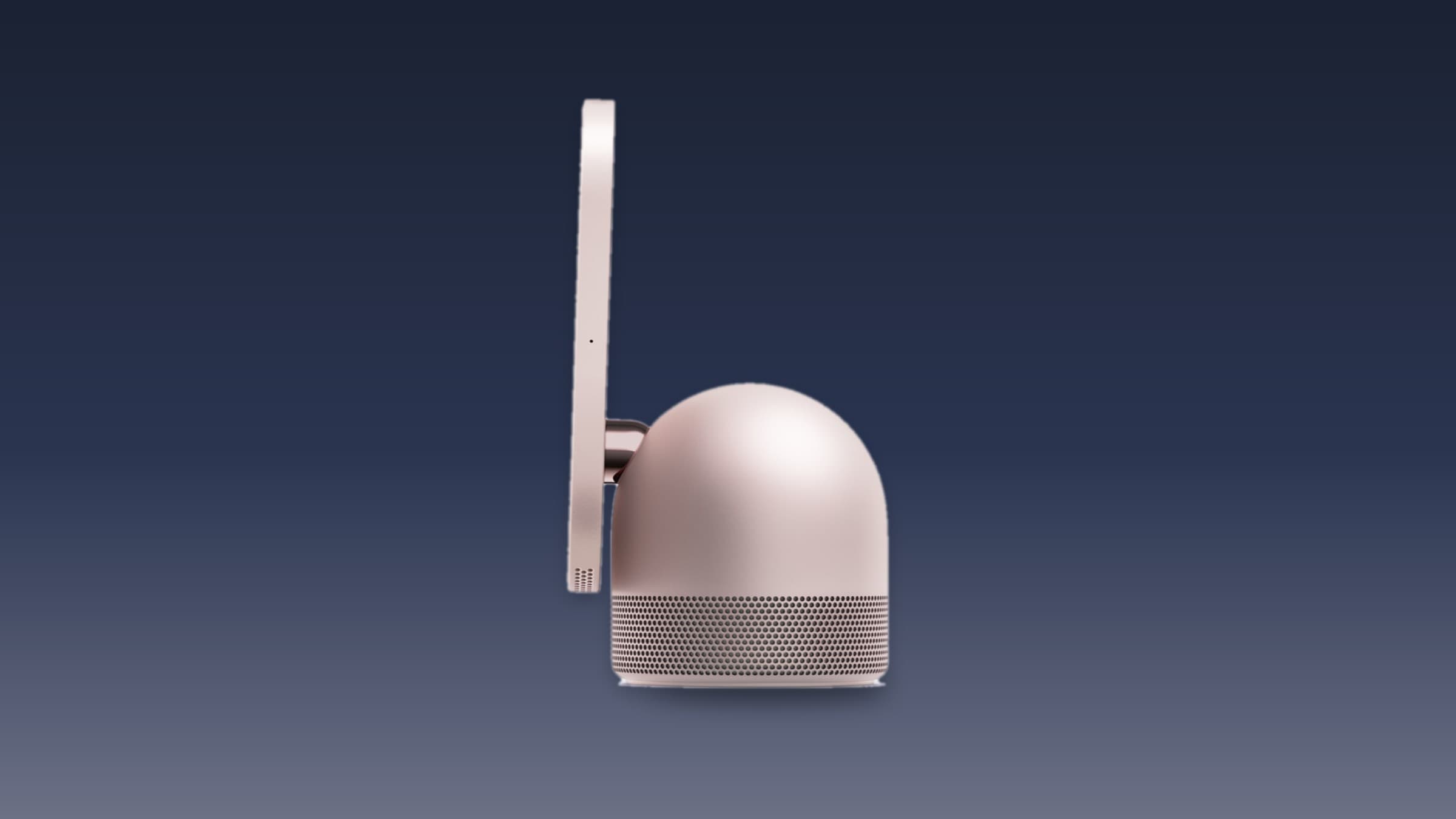 Side view of Apple's current HomeView smart home display on its dome-shaped speaker base against a blue gradient