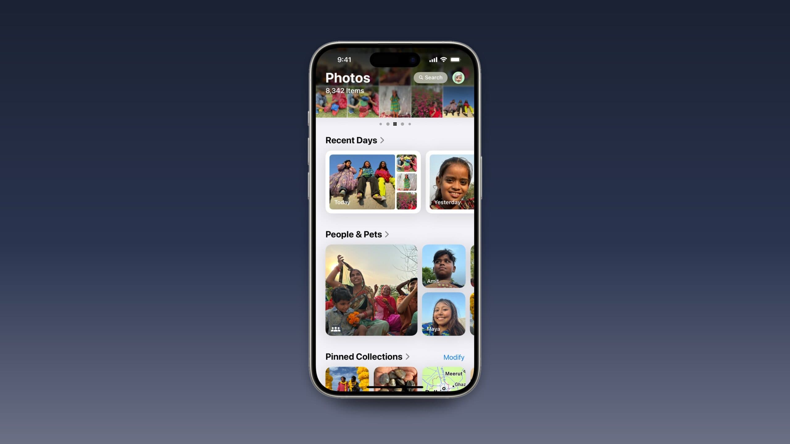 iPhone showing the Photos app with the People & Pets collection grouping faces, on a blue gradient background