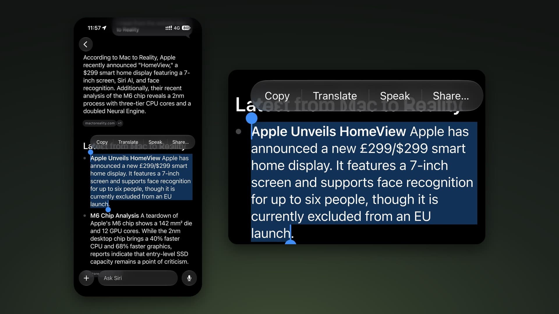 Siri app on iOS 27.2 RC with part of an answer selected and the Copy, Translate, Speak and Share menu shown