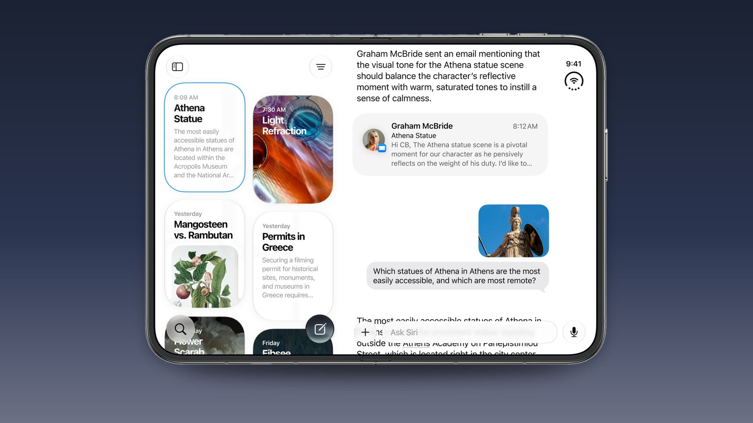 iPhone Duo unfolded in landscape showing the Siri app with a tiled list of conversations on the left and a full conversation on the right, on a blue gradient