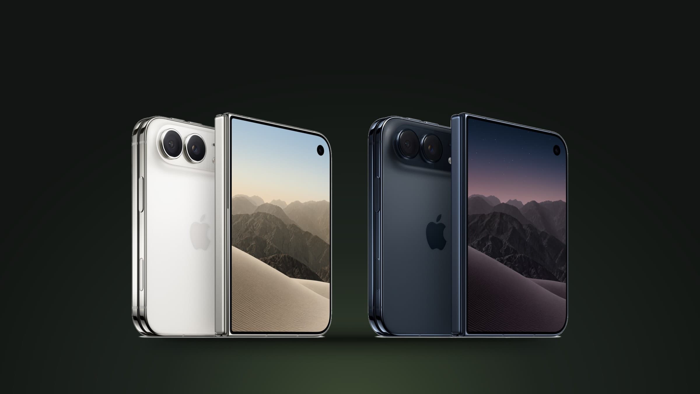 Two folded iPhone Duo models, silver and dark blue, showing their rear cameras and outer displays on a dark green background