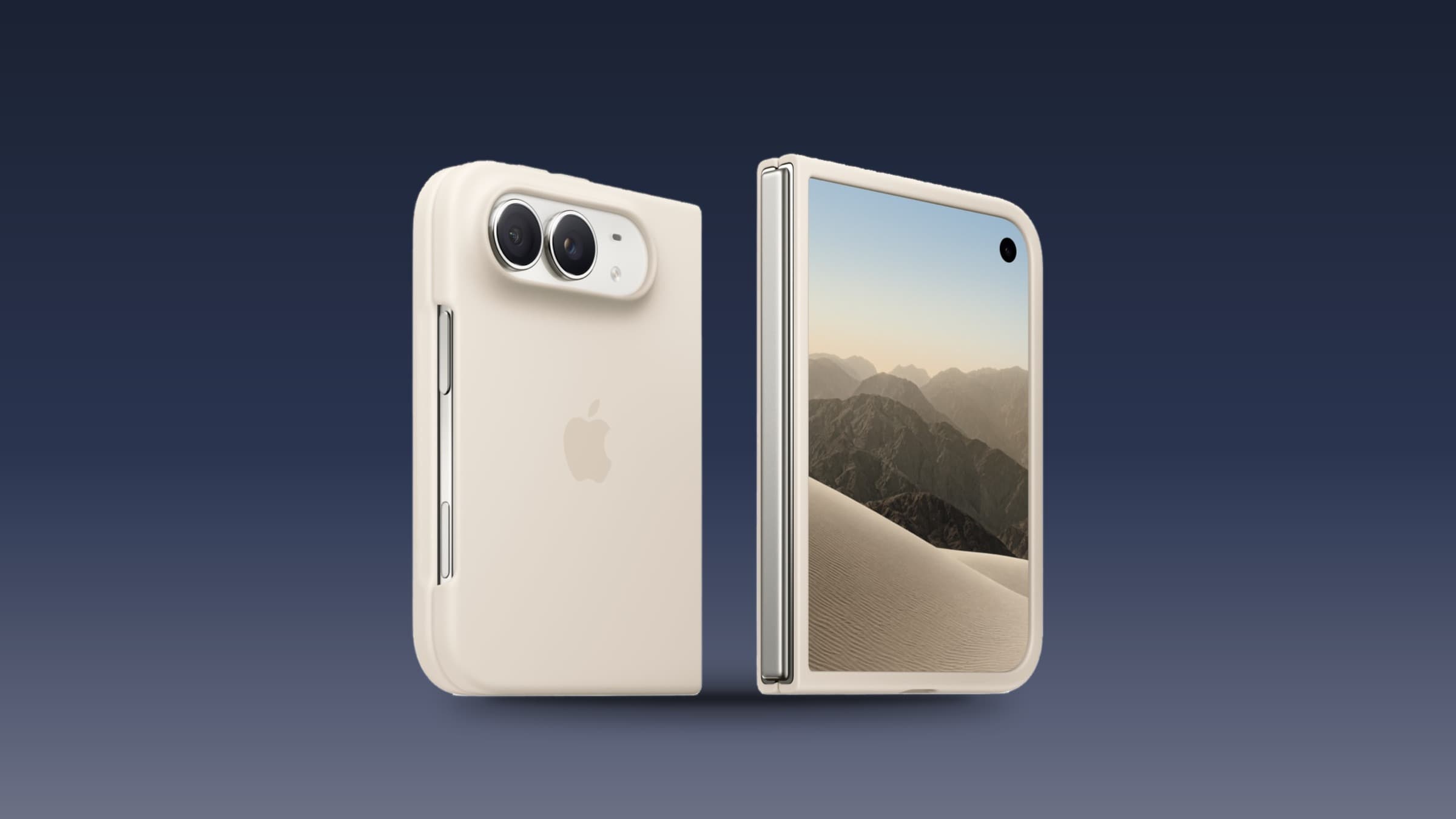 Sand-coloured iPhone Duo seen from the back and side, showing the side buttons, next to the unfolded inner display on a blue background