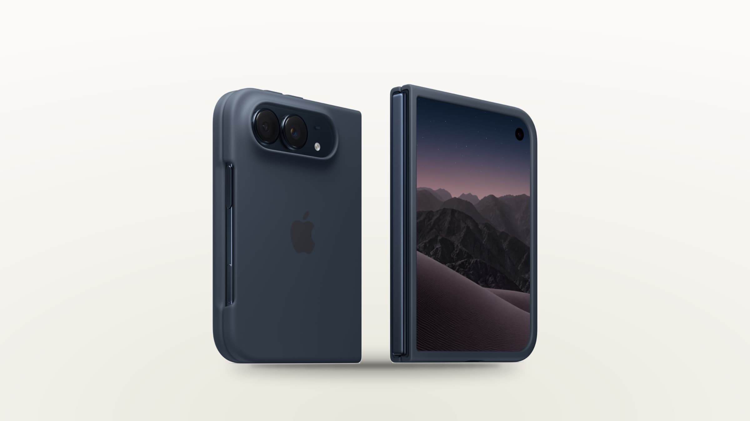 Midnight-blue iPhone Duo shown from the back and with its outer display on a light background