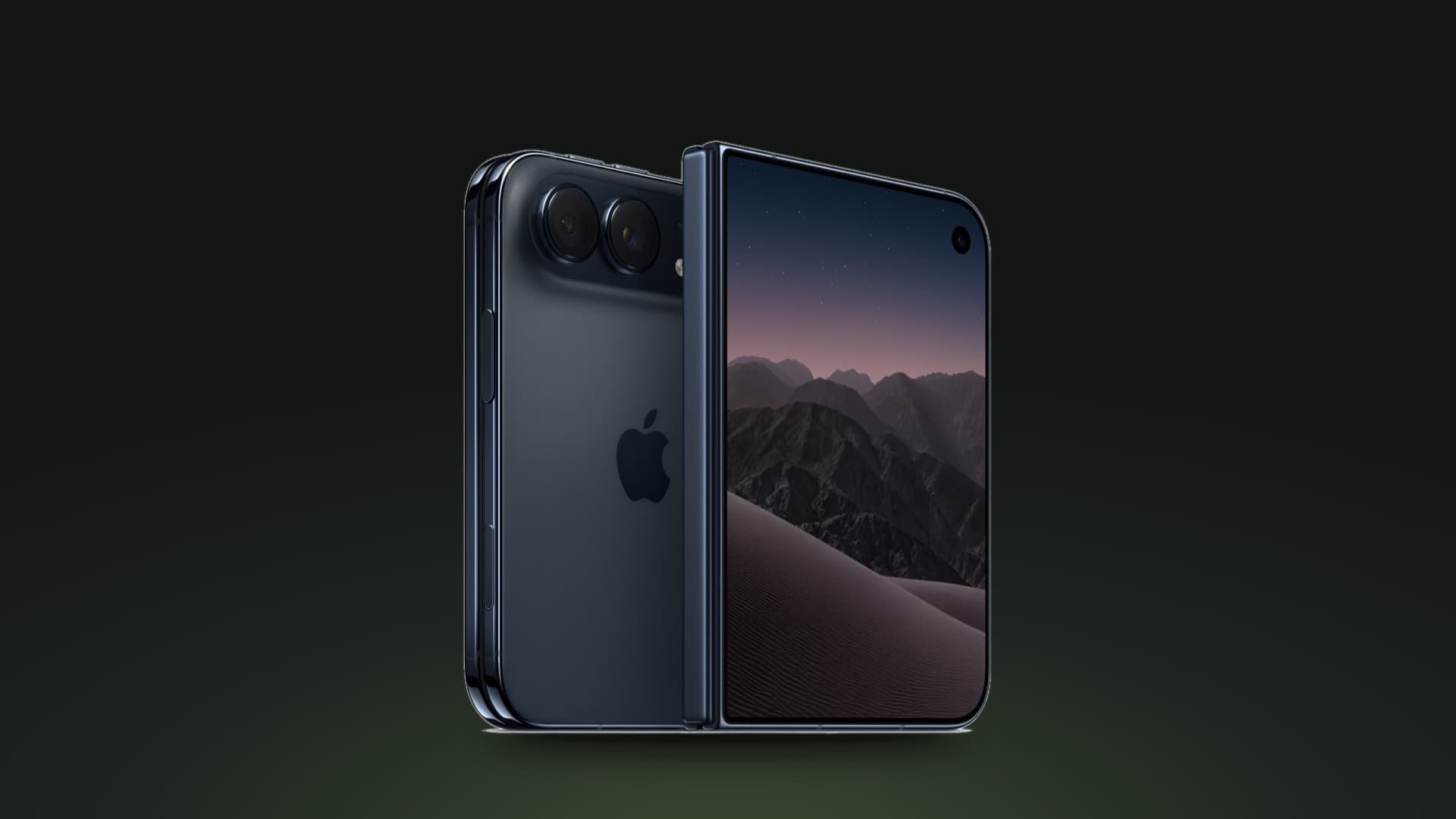 Navy iPhone Duo shown folded and unfolded on a dark green gradient