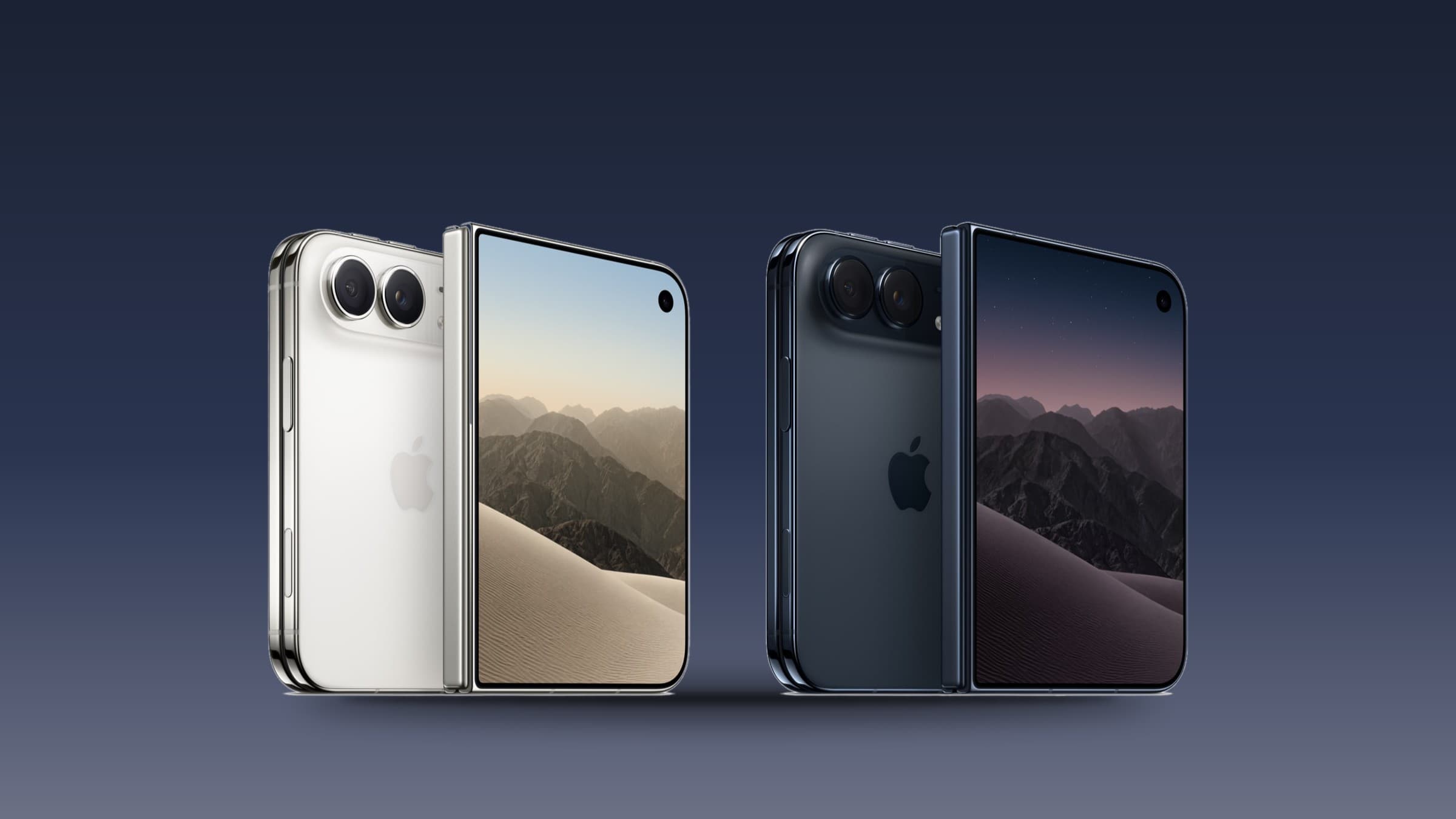 iPhone Duo in silver and navy blue, partly unfolded, on a dark blue gradient background