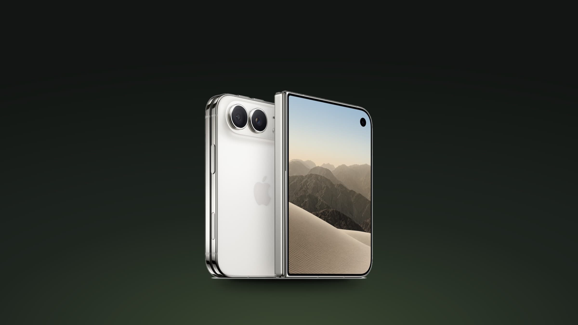 Silver iPhone Duo shown folded from the back and unfolded from the front on a dark green background