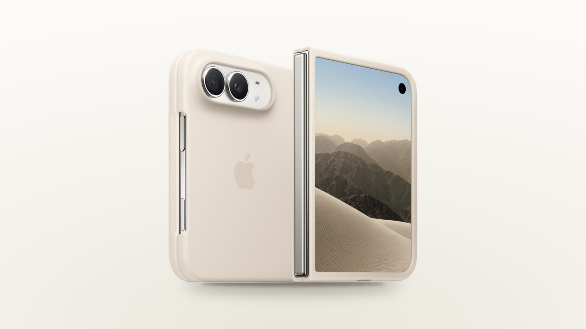 iPhone Duo in a light colour, shown folded from the back and front, on a light gradient background