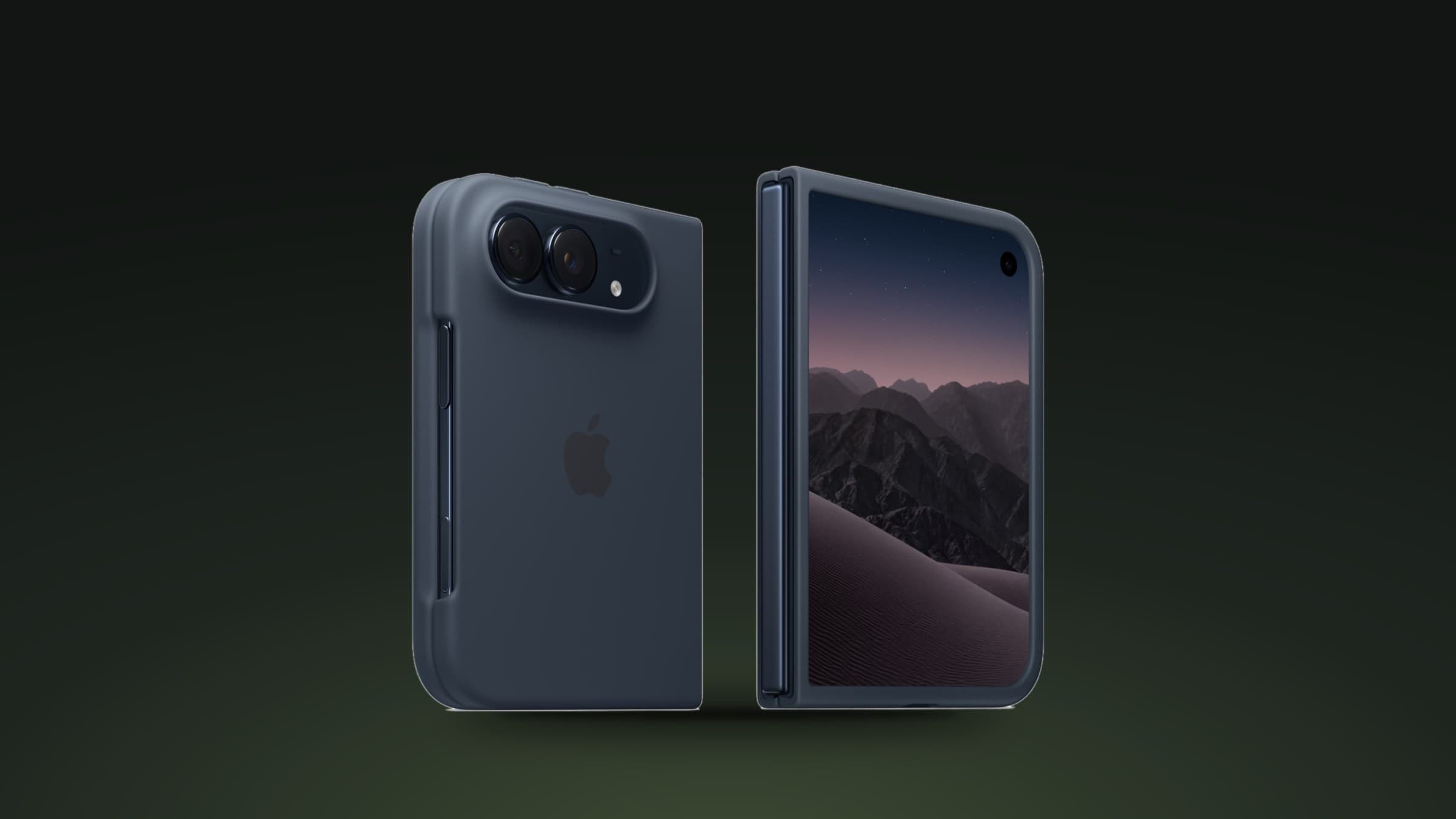 Navy iPhone Duo folded, seen from the back and the front, on a dark green background