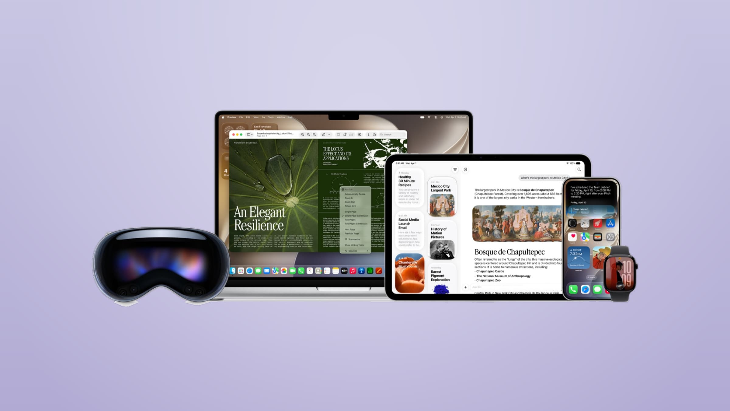 Apple Vision Pro, Mac, iPad, iPhone and Apple Watch showing Siri AI interfaces